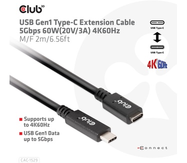 Club 3D USB Gen1 Type-C Extensie kabel 5Gbps 60W(20V/3A) 4K60Hz M/F 2m/6.56ft