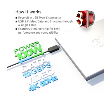 Club 3D USB 3.1 Type C (10Gbps) Kabel 0.8Meter, PowerDelivery 100Waatt, Supports 4K60Hz
