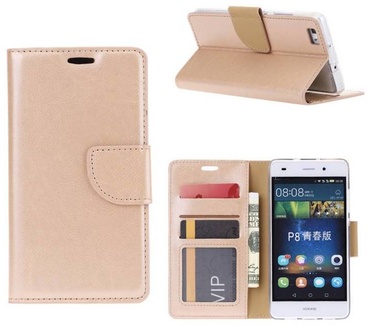 Luxe Lederen Bookcase hoesje voor de Huawei P8 Lite - Goud (Huawei P8 Lite) Goud