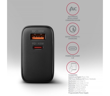 Axagon ACU-PQ45 QC 3.0, 4.0/AFC/FCP/PPS/PD, 45W, schwarz - Netzladegerät mit USB-A und USB-C Schnittstelle