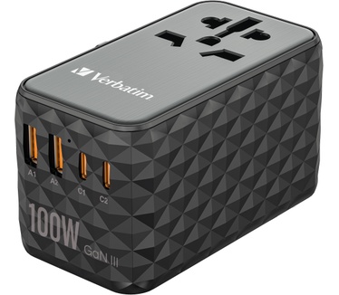 Verbatim GaN III universele reisadapter UTA-06 Met 2 x USB-C PD & QC 4+ & 2 x USB-A QC 3.0 poorten