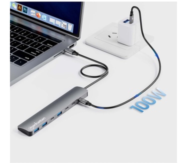 Manhattan USB-C dock/hub, poorten (7): USB-A (3×) en USB-C (4×), met Power Delivery (PD) 100 W - vereist een externe USB-C-lader (niet inbegrepen). USB-gevoed (geen externe voeding vereist) wanneer PD niet wordt gebruikt, aluminium