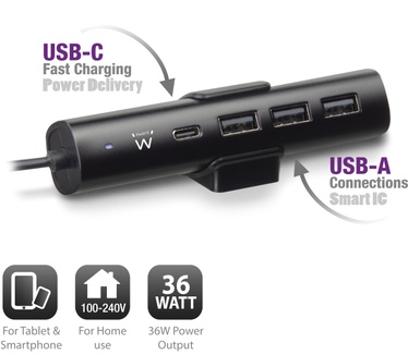Ewent EW1317 Desktop USB Charger 36W with 1 USB-C port with Power Delivery and 3 USB-A ports with Smart IC