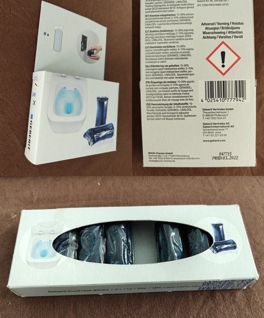 Geberit DuoFresh sticks, verpakking en proefverpakking
