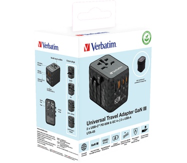 Verbatim GaN III universele reisadapter UTA-05 Met 2 x USB-C PD & QC 4+ & 2 x USB-A poorten