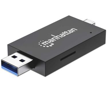 Manhattan USB-A/USB-C multiformaat kaartlezer/-schrijver, 5 Gbps (USB 3.0), male connector naar microSD- en SD/MMC-slots, mini-formaat, compatibel met Windows of Mac, zwart/transparant, 3 jaar garantie