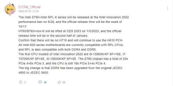 Intel Raptor Lake-release via Enthusiastic Citizen