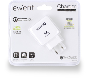Ewent EW1233 2-Poorts USB Lader 4A met Quick Charge 3.0