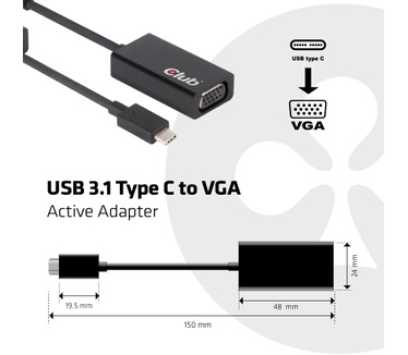 Club 3D USB 3.1 Type C naar VGA Actieve Adapter Zwart