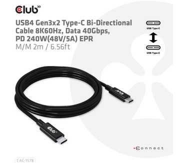 Club 3D USB4 Gen3x2 Type-C Bi-Directional Cable 8K60Hz, Data 40Gbps, PD 240W(48V/5A) EPR M/M 2m / 6.56ft