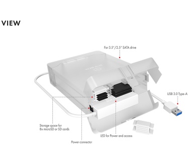 Icy Box USB 3.0 enclosure for a 3.5"/2.5" SATA III drive with (micro)SD-card holder Wit