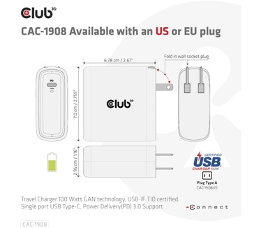 Club 3D Travel Charger 100 Watt GAN technology, USB-IF TID certified, Single port USB Type-C, Power Delivery(PD) 3.0 Support