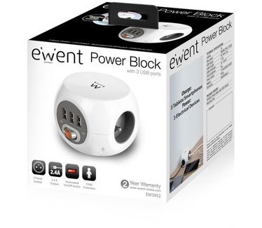 Ewent EW3952 Kubusvormige stekkerdoos 3x inclusief 3 USB-poorten, 1.5m (België)