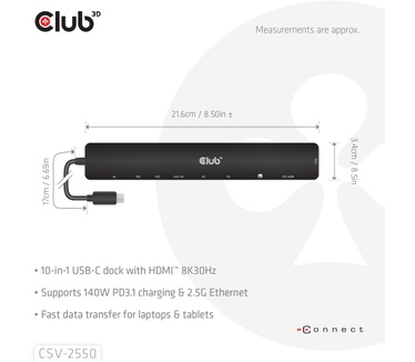 Club 3D 10-1 Portable Dock USB Type-C® 10Gbps to HDMI™ 8K30Hz PD3.1 Max.140Watt