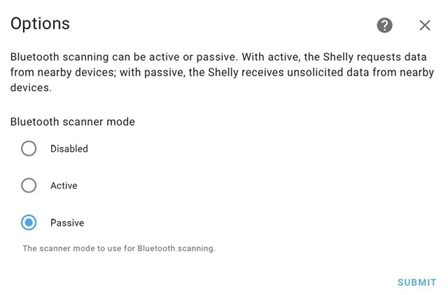 Home Assistent - Shelly Pro Dimmer 2PM device - Configure - Options - Bluetooth scanning mode