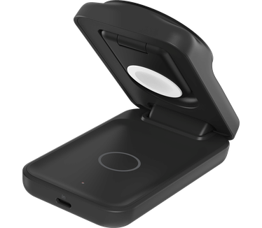 Belkin UltraCharge 3-in-1 magnetische uitklapbare draadloze lader met Qi2 25 W, vierkant model, Zwart