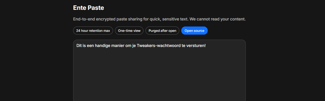 Image for the article: Ente Paste is Pastebin-alternatief met versleuteling en alleen eenmalige pastes