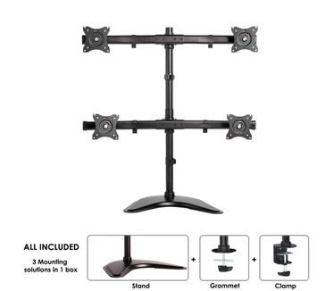 Newstar Tilt/Turn/Rotate Quad Desk Mount (stand, clamp & grommet) for four 10-27" Monitor Screens, Height Adjustable - Black