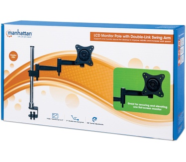 Manhattan Monitor Desk Mount (clamp), 1 screen, 10-27", Vesa 75x75 to 100x100mm, 3 pivots, Height 0-40cm, Max 15kg, Black/Silver Pole