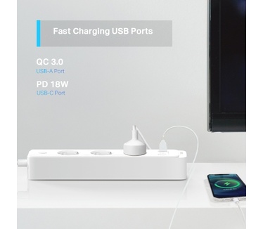 TP-Link Tapo P300 stekkerdoos met 2 USB-poorten en 1 type C-poort, meervoudige stekkerdoos overspanningsbeveiliging, werkt Alexa, Google Home, HomeKit spraakbediening, afstandsbediening, 1,5 m, wit