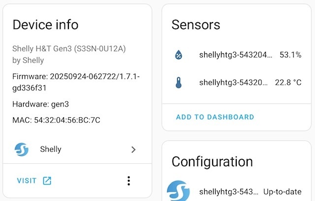 Home Assistent - Shelly Integration - Shelly H&T Gen3