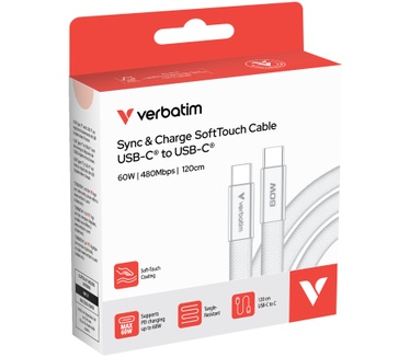Verbatim SoftTouch-kabel voor synchroniseren en opladen, 60 W USB-C naar USB-C | 120 cm | Wit