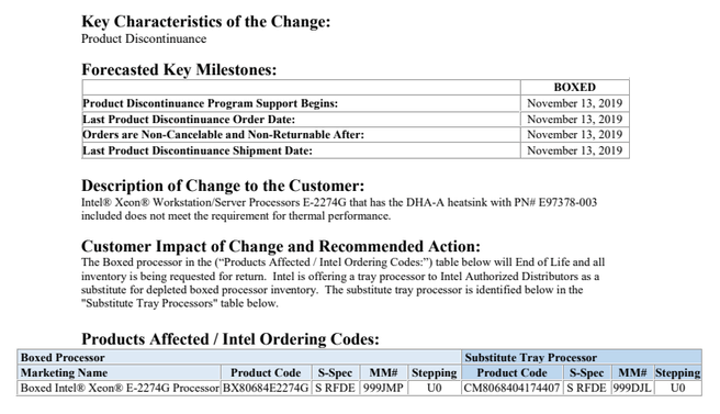 Intel product change notification E-2274G