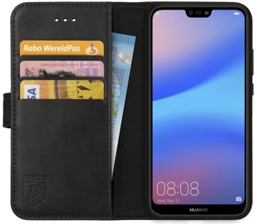 Rosso Deluxe Huawei P20 Lite Hoesje Echt Leer Book Case Zwart (Huawei P20 Lite) Zwart