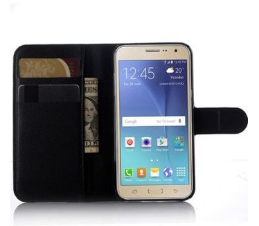 Samsung Galaxy J3 (2016) Litchi Leren Portemonnee Hoesje Zwart Zwart
