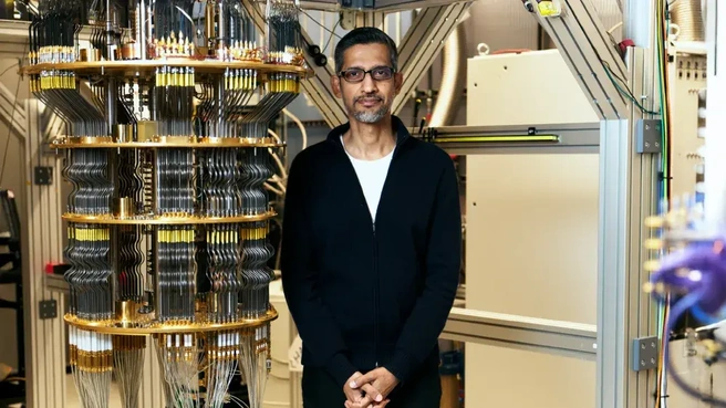 Google-ceo Sundar Pichai met een quantumcomputer. Bron: Google