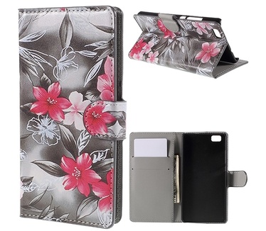 Merkloos Huawei Ascend P8 Lite Red Flower PU Leather Wallet Case