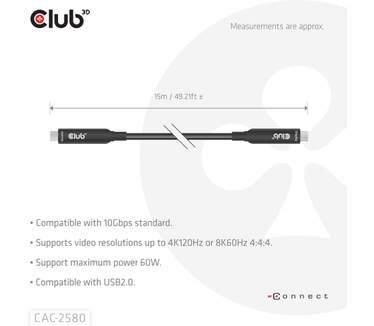 Club 3D 15M Full-Feature USB-C® Cable / 49.21ft 8K60Hz 10Gbps 60W