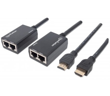Manhattan 1080p HDMI over Ethernet Extender with Integrated Cables, Distances up to 30m with Two Ethernet Cables, Black (Euro 2-pin plug)