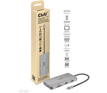 Club 3D USB Gen1 Type-C 9-in-1 hub with HDMI, VGA, 2x USB Gen1 Type-A, RJ45, SD/Micro SD card slots and USB Gen1 Type-C Female port