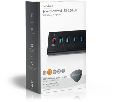 Nedis USB-Hub | 8-Poorts | USB 3.0 met Externe Voeding | QC3.0 Oplaadpoort | 5 Gbps