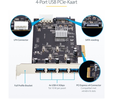 Startech.com 4-Port USB PCIe Kaart, USB 3.2 5Gbps, PCI Express Uitbreidingskaart met 4x Onafhankelijke USB Controllers, 4x USB-A Poorten, Windows/macOS/Linux