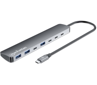 Manhattan USB-C dock/hub, poorten (7): USB-A (3×) en USB-C (4×), met Power Delivery (PD) 100 W - vereist een externe USB-C-lader (niet inbegrepen). USB-gevoed (geen externe voeding vereist) wanneer PD niet wordt gebruikt, aluminium
