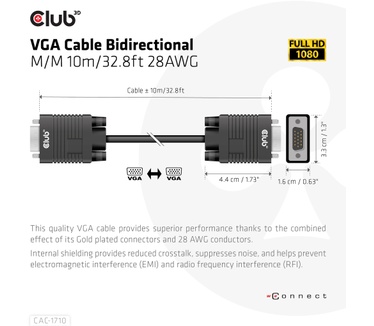 Club 3D VGA Cable Bidirectional M/M 10m/32.8ft 28AWG