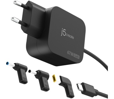 j5create JUP1565DCE3A-EN 67W GaN PD USB-C®-minioplader met 3 typen DC-connector - EU