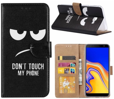 Don't Touch My Phone print lederen Bookcase hoesje voor de Samsung Galaxy J4 Plus 2018 - Zwart (Samsung Galaxy J4 Plus 2018) Zwart