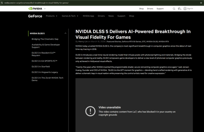 Nvidia DLSS 5, aankondiging met YouTube-embed geblokkeerd. Bron: Tweakers