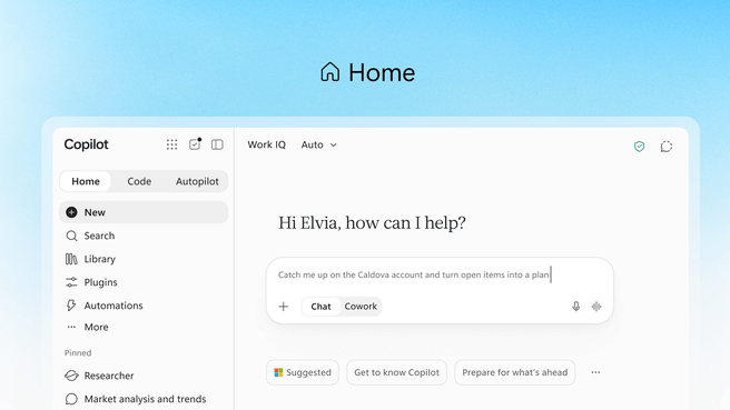 Home-tab van nieuwe Copilot-app