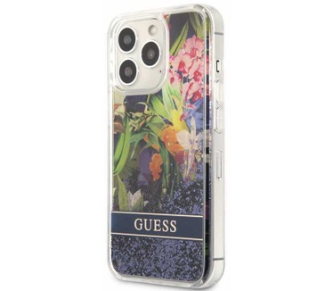 Guess Flower Liquid Glitter Case iPhone 13 Pro Max (6.7") - Blauw Blauw