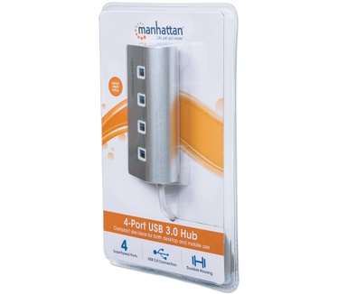 Manhattan USB-A Hub, 4x USB-A Ports, 5 Gbps (USB 3.2 Gen1), Bus Powered, Fast charging up to 0.9A, Aluminium Housing, Windows and Mac, Silver, Blister