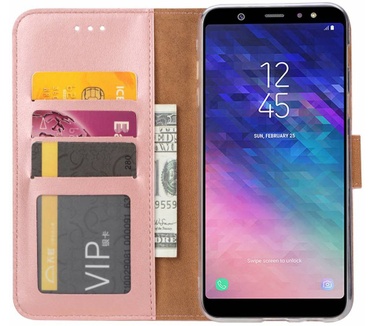 Luxe Lederen Bookcase hoesje voor de Samsung Galaxy A6 Plus 2018 - Metallic Roze (Samsung Galaxy A6 Plus 2018) Rosé Goud