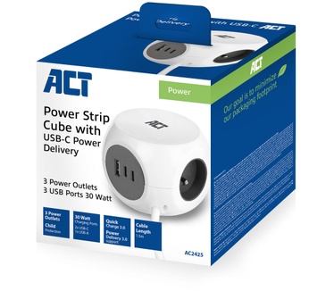 ACT AC2425 Stekkerdoos kubus met 3 type E stopconten, 30W Power Delivery USB-C/A poorten, kabellengte 1,5m