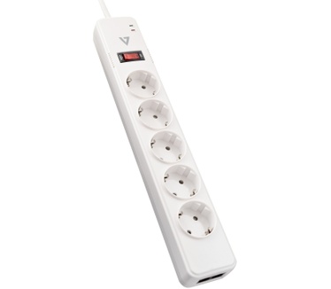 V7 5-Schuko Outlet Home/Office Surge Protector, 1.8m Cord, 1050 Joules, White
