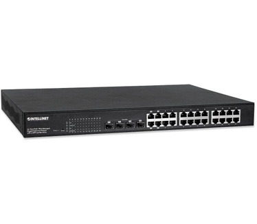 Intellinet 24-Port Gigabit Ethernet PoE+ Web-Managed Switch with 4 SFP Combo Ports, IEEE 802.3at/af Power over Ethernet (PoE+/PoE) Compliant, 430 W, Endspan, 19" Rackmount (Euro 2-pin plug)