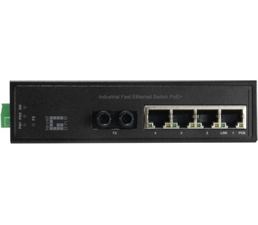 LevelOne 5-Port Fast Ethernet PoE Industrial Switch, 4 PoE Outputs, 802.3at/af PoE, 1 x ST Multi-Mode Fiber, 2km, 126W, -40°C to 75°C