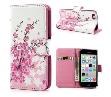qMust Wallet Case met stand Apple iPhone 5C (pink flower)